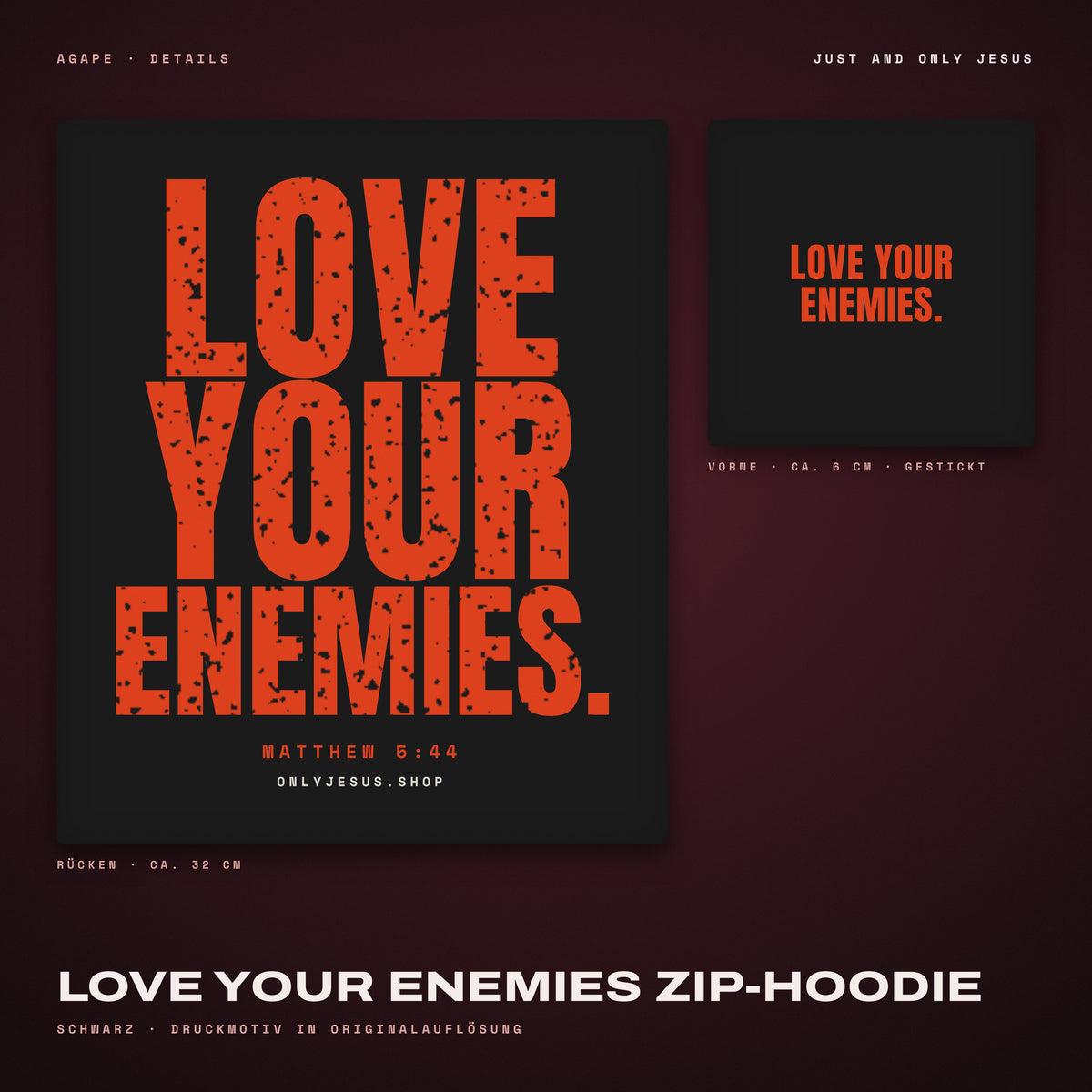 LOVE YOUR ENEMIES Zip-Hoodie Black – Details