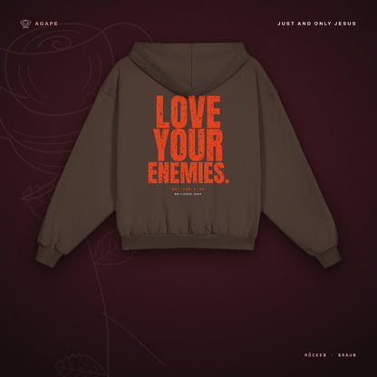 LOVE YOUR ENEMIES Zip-Hoodie Brown – Rückseite