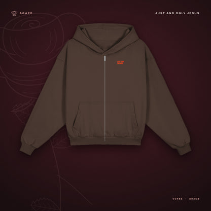 LOVE YOUR ENEMIES Zip-Hoodie Brown – Vorderseite