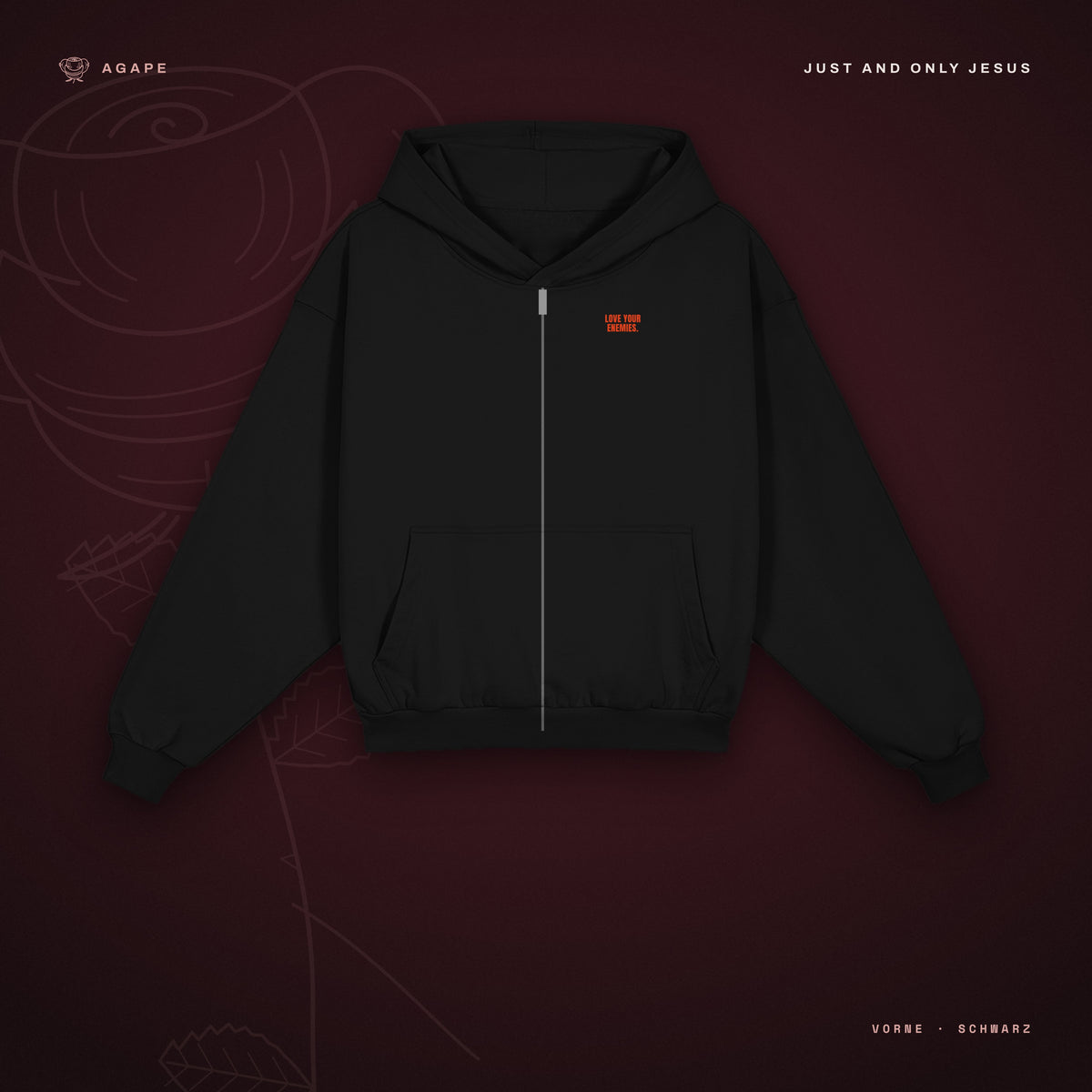 LOVE YOUR ENEMIES Zip-Hoodie Black – Vorderseite