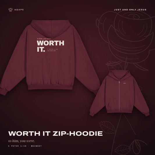 WORTH IT Zip-Hoodie Burgundy – Rücken und Front